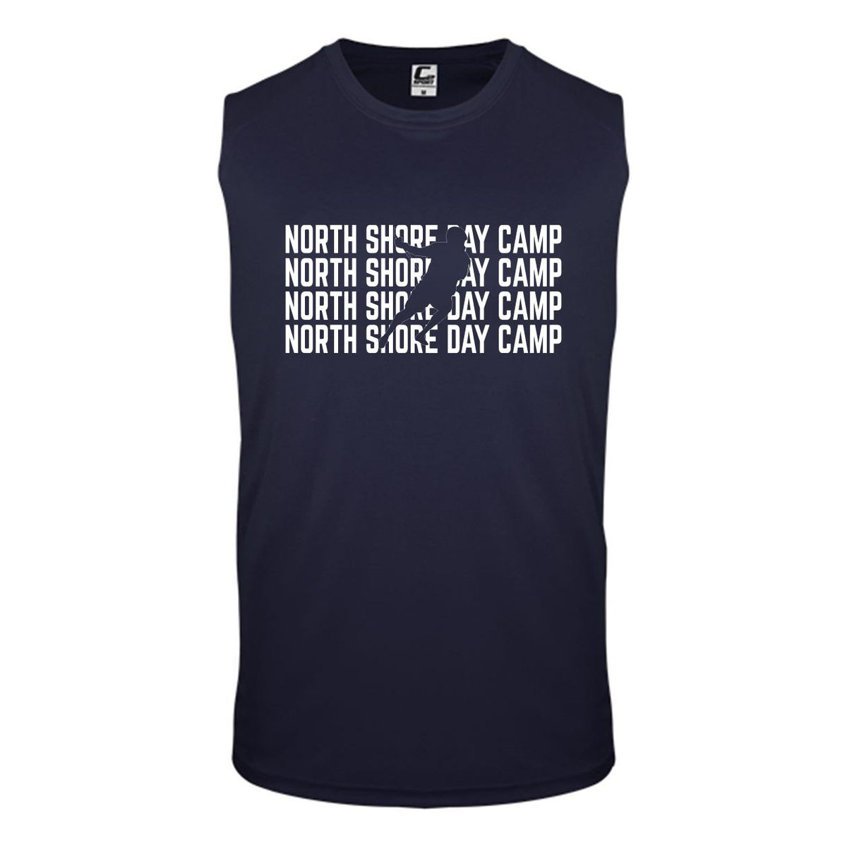 Navy sleeveless shirt with white North Shore Day Camp text and athlete silhouette graphic