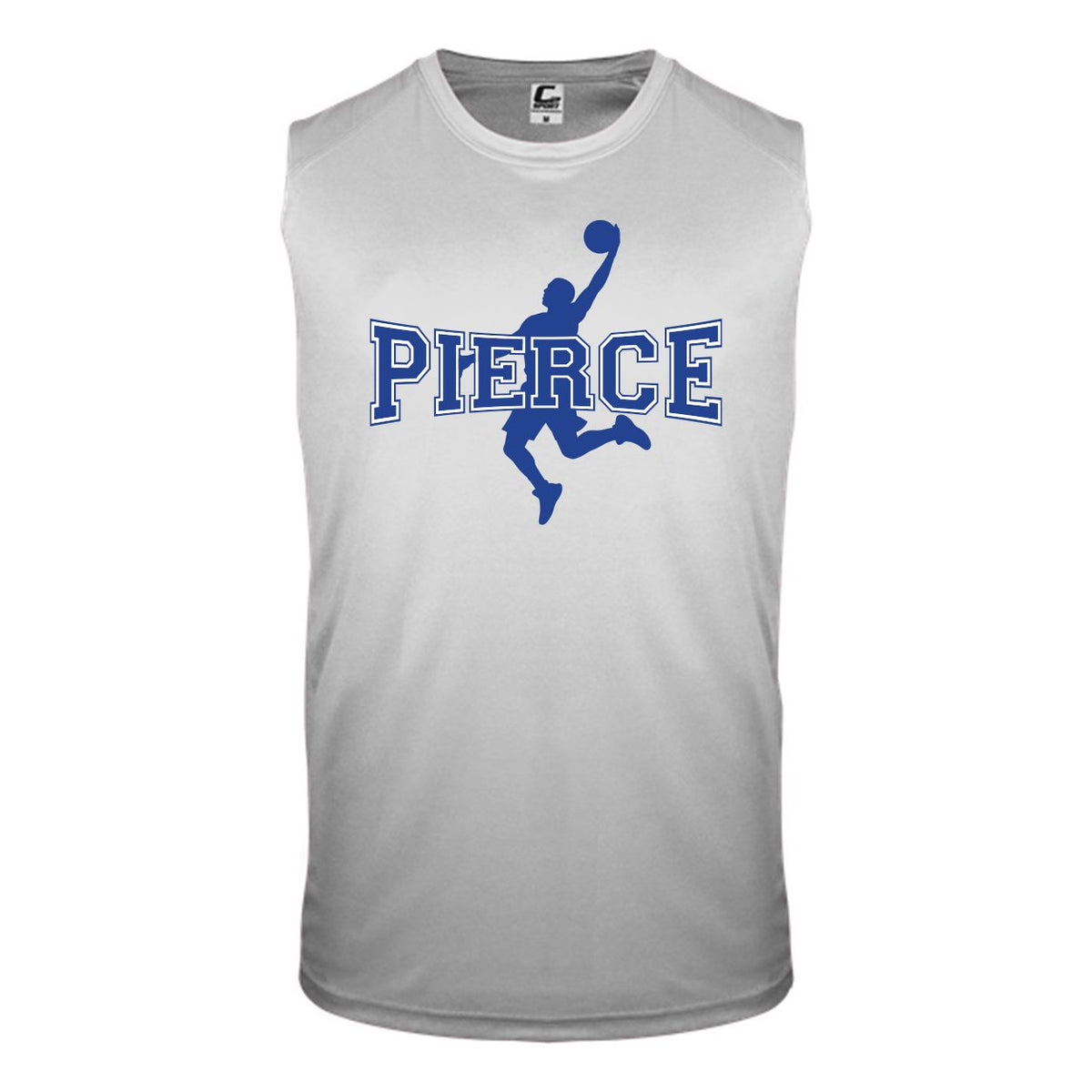 Grey sleeveless athletic shirt with blue Pierce text and basketball player graphic