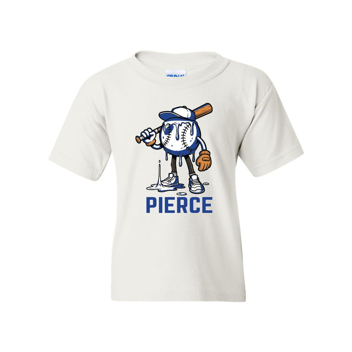 White t-shirt with a cartoon baseball character holding a bat and the name Pierce printed below