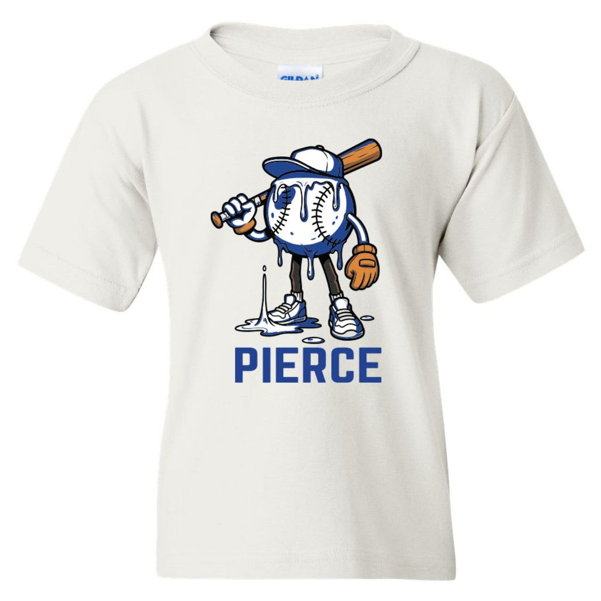 White t-shirt with a cartoon baseball character holding a bat and the name Pierce printed below