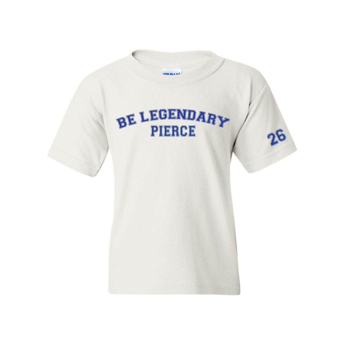 White t-shirt with blue text reading Be Legendary Pierce and the number 26 on the sleeve
