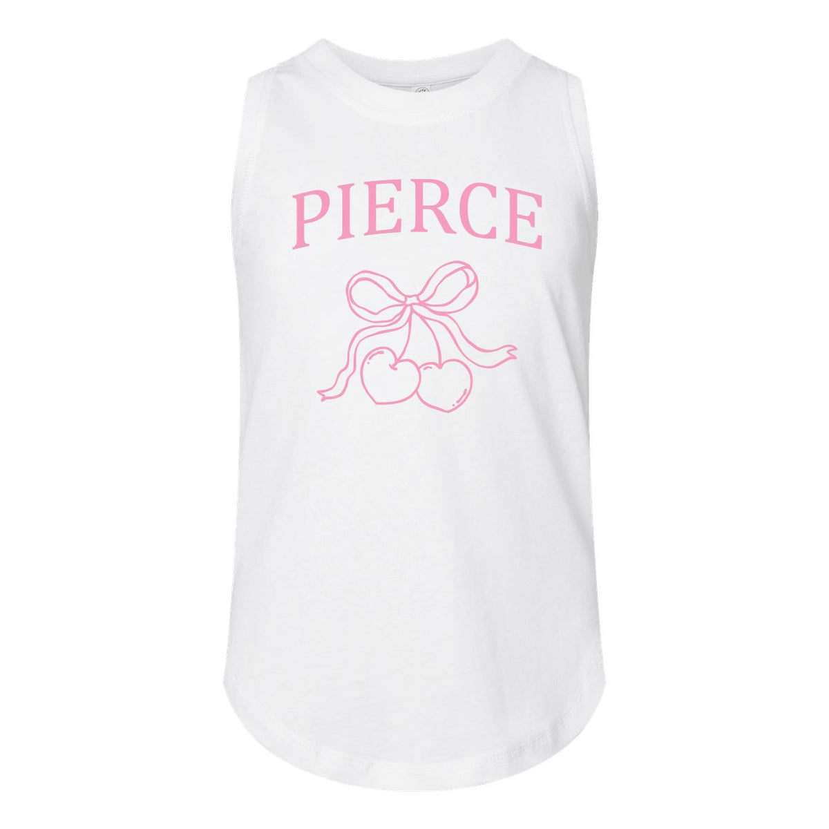 White sleeveless tank top with pink text Pierce and a pink bow and heart graphic