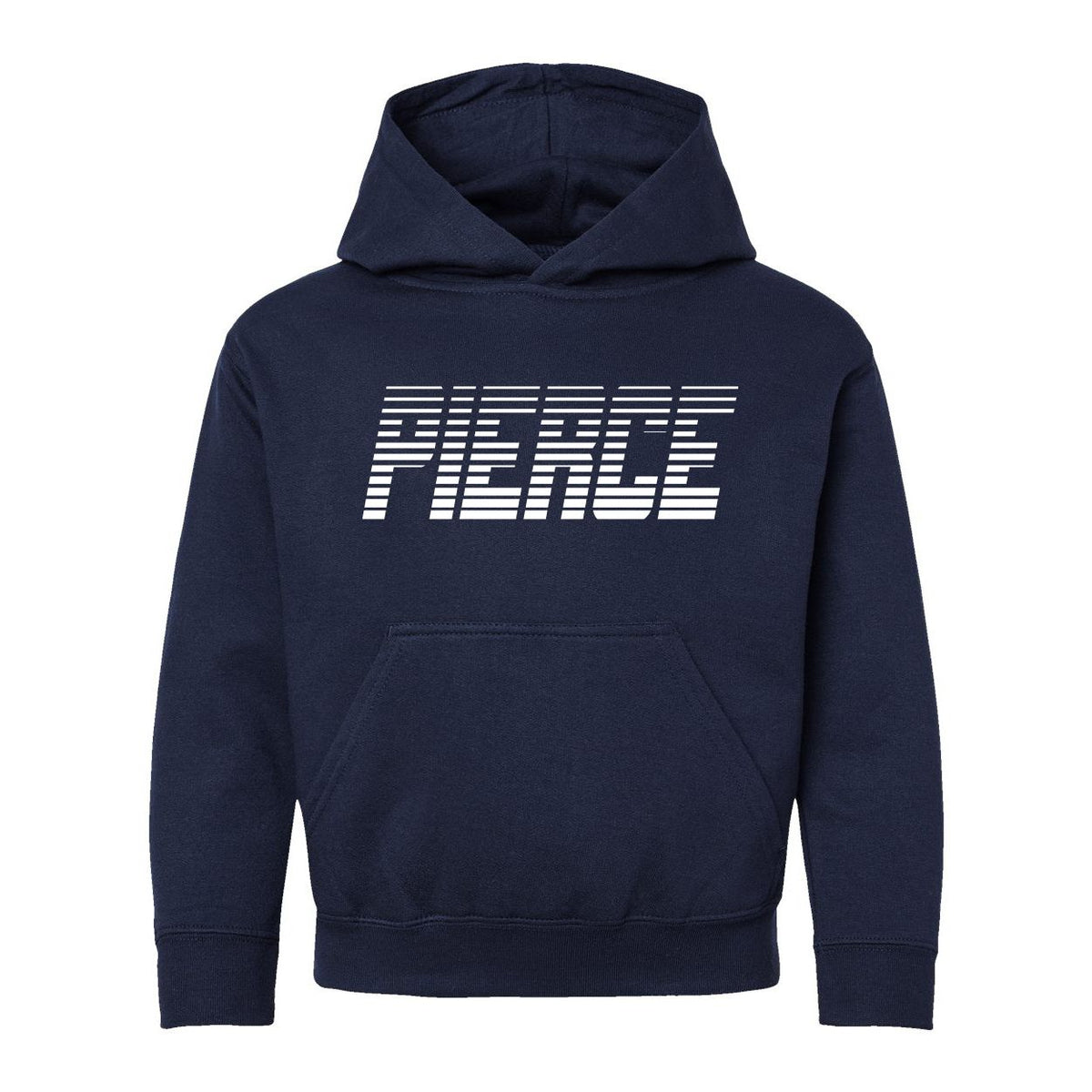 Navy blue hooded sweatshirt with white Pierce graphic on chest