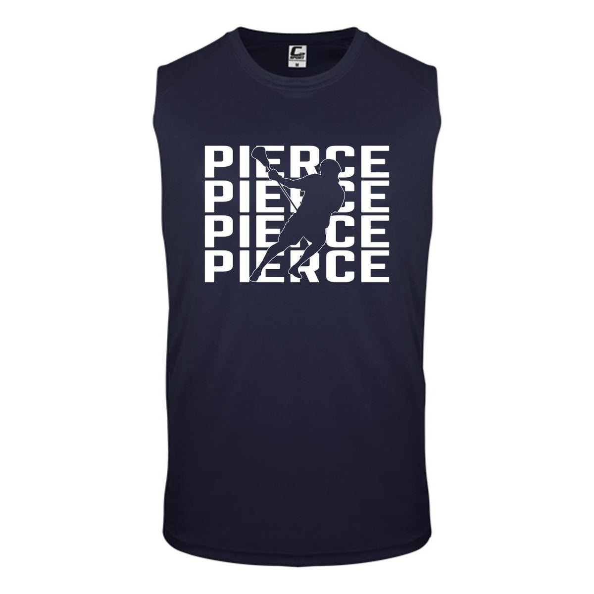 Navy sleeveless shirt with white Pierce text and lacrosse player silhouette graphic