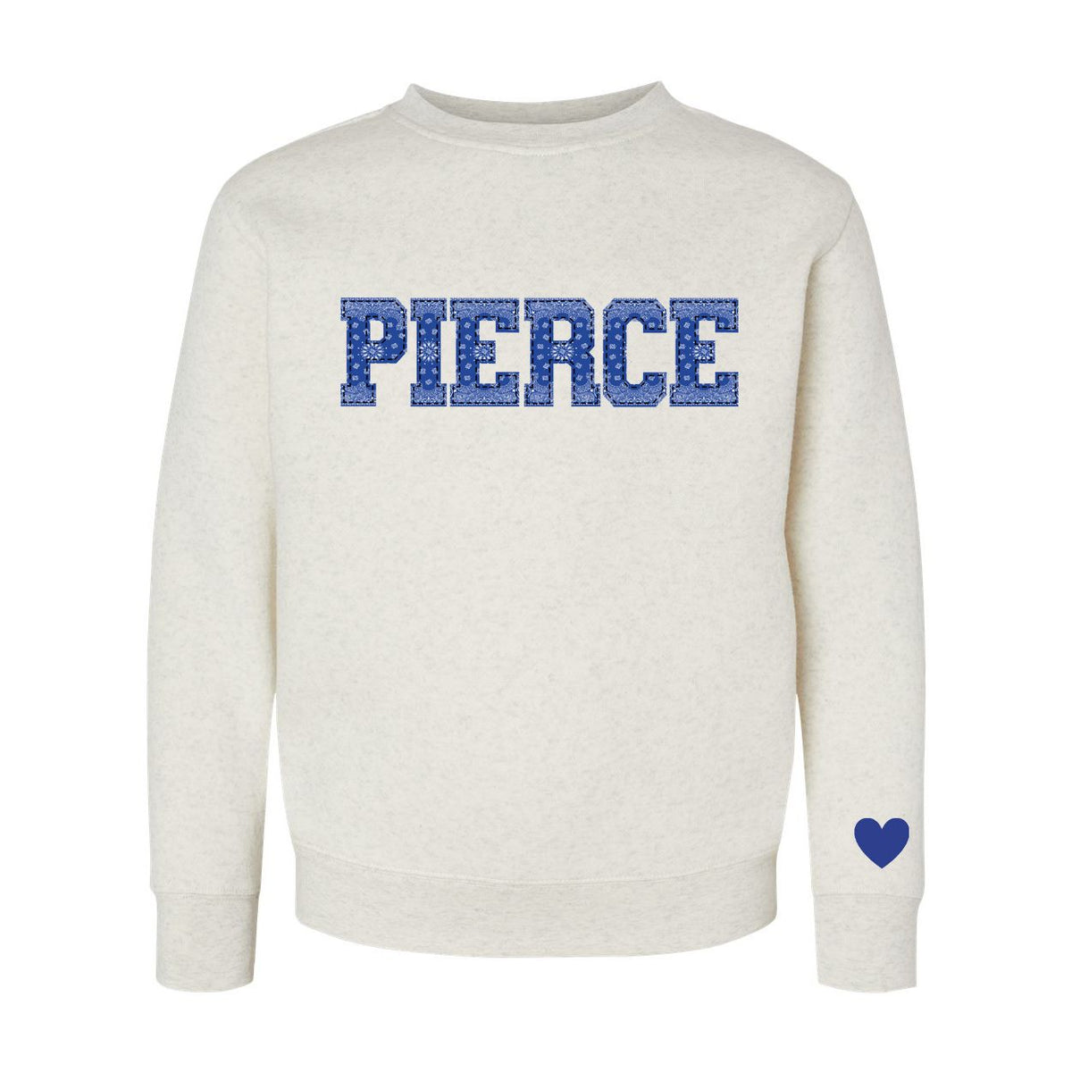 Oatmeal crewneck sweatshirt with blue bandana print Pierce text and small blue heart on sleeve
