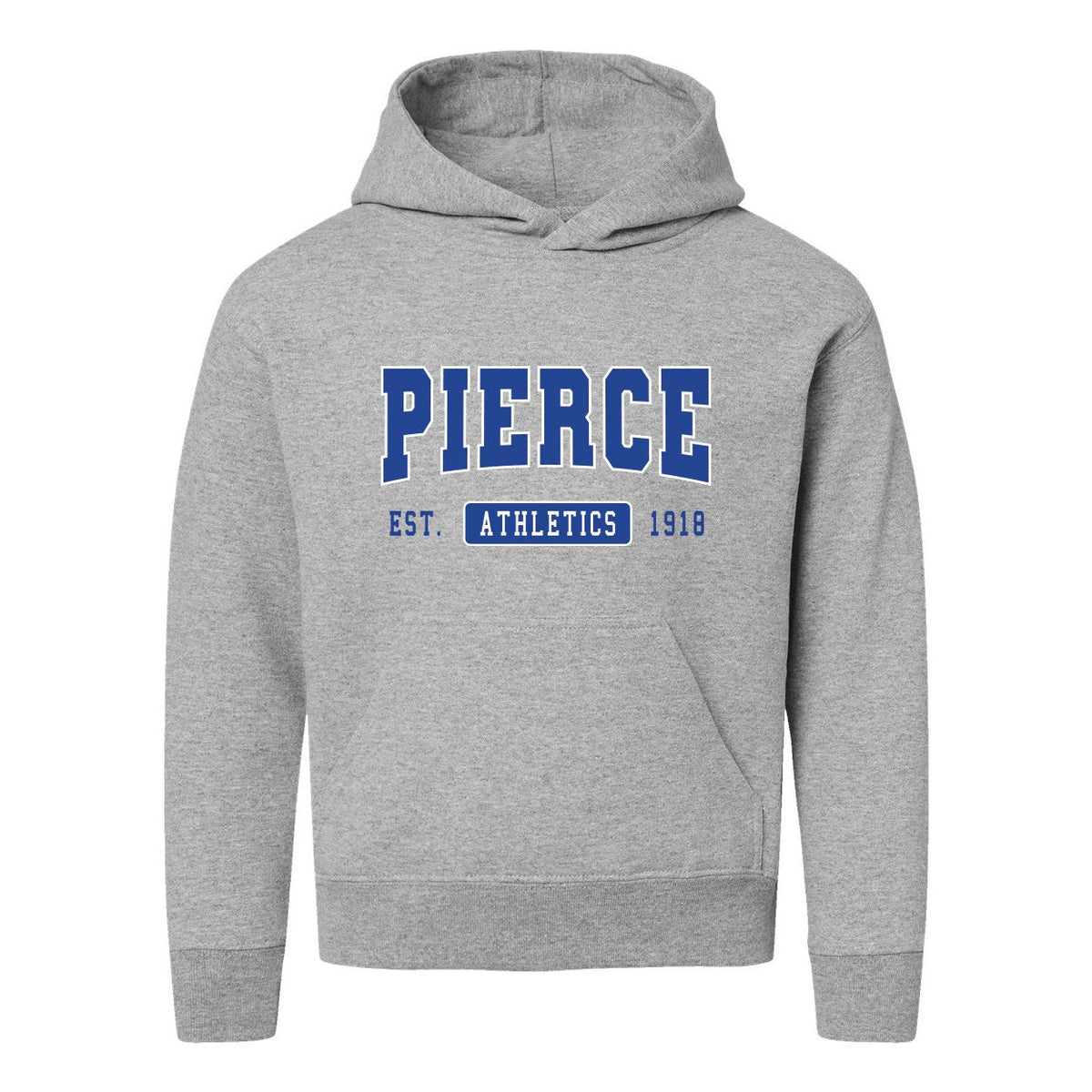 Grey hooded sweatshirt with Pierce Athletics 1918 blue text graphic