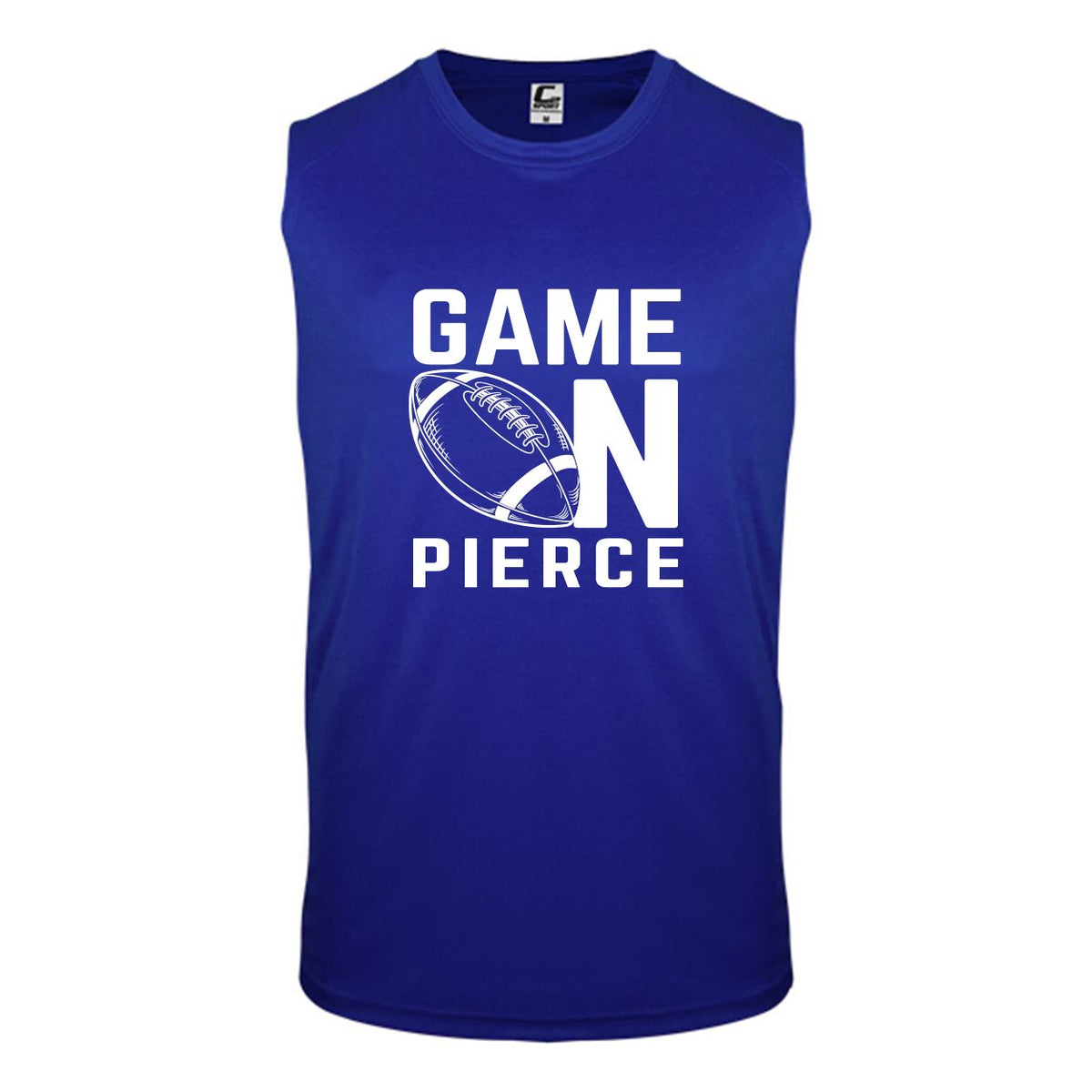 Blue sleeveless athletic shirt with white Game On Pierce text and football graphic