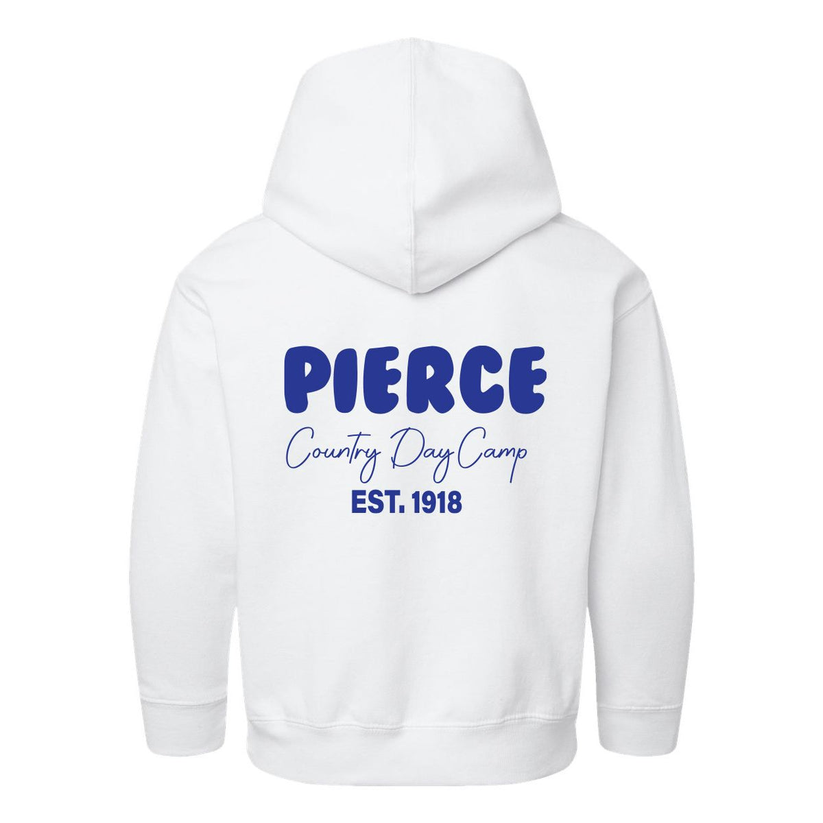 White hoodie with Pierce Country Day Camp EST 1918 text printed on the back