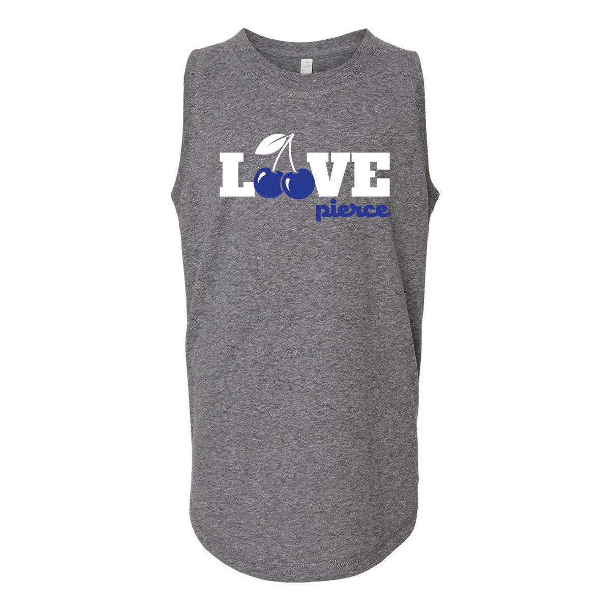 Grey sleeveless tank top with white and blue Love Pierce text and cherry graphic