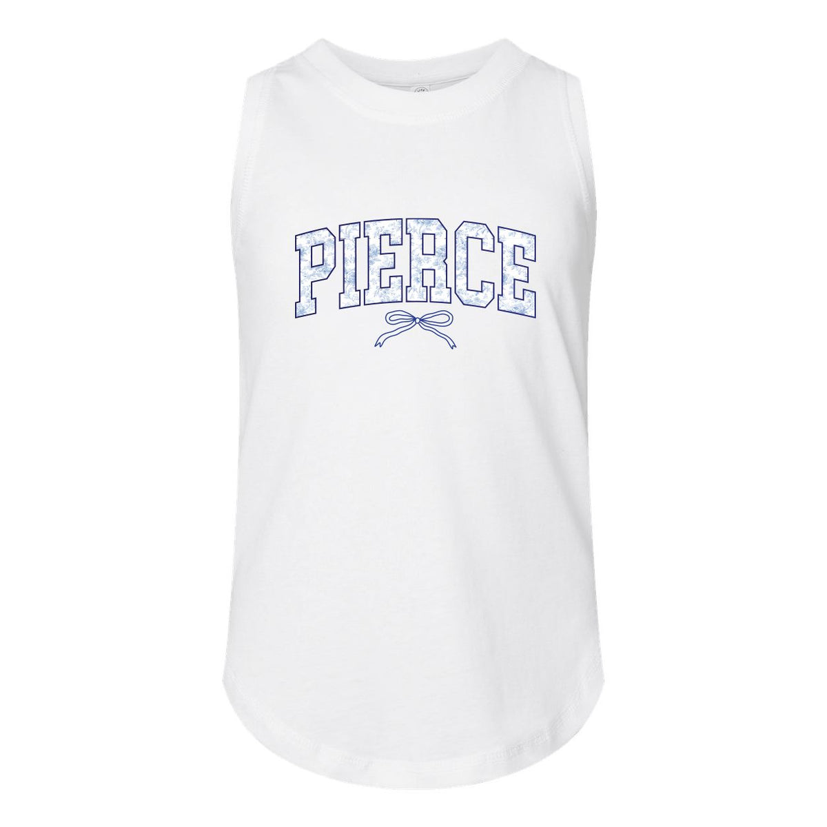 White sleeveless tank top with blue collegiate style Pierce text and a small bow graphic