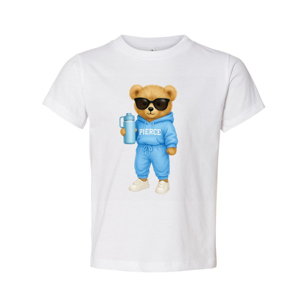 White t-shirt featuring a teddy bear wearing sunglasses and a blue tracksuit holding a water bottle