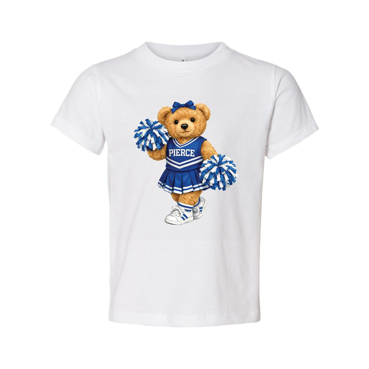 White t-shirt featuring a teddy bear dressed as a cheerleader with blue and white pom-poms and Pierce lettering