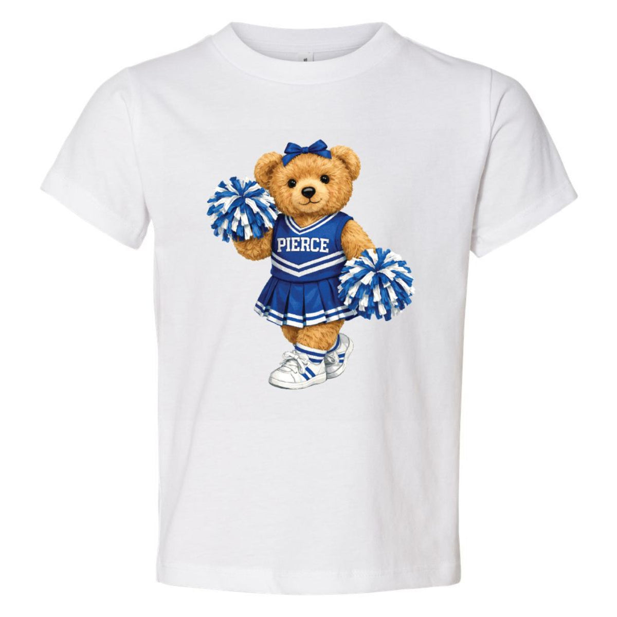 White t-shirt featuring a teddy bear dressed as a cheerleader with blue and white pom-poms and Pierce lettering