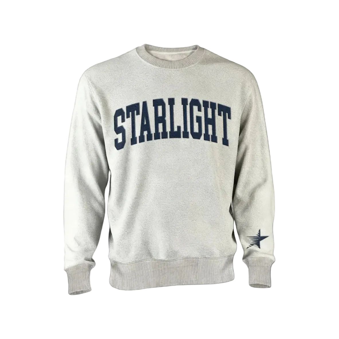Light grey crewneck sweatshirt with Starlight text in navy blue and a small star graphic on the left sleeve