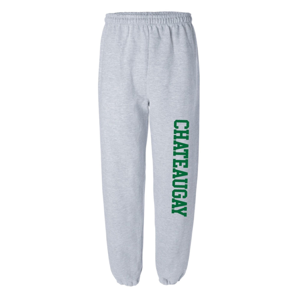 Grey sweatpants with green vertical text reading CHATEAUGAY on the left leg