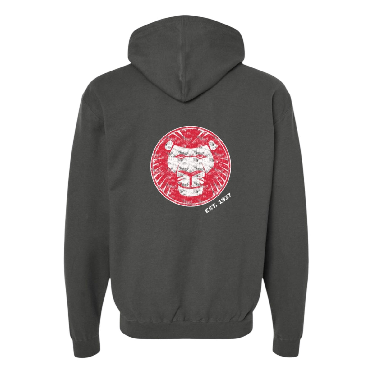 Back view of a charcoal grey hoodie with a red and white lion logo and text EST 1937