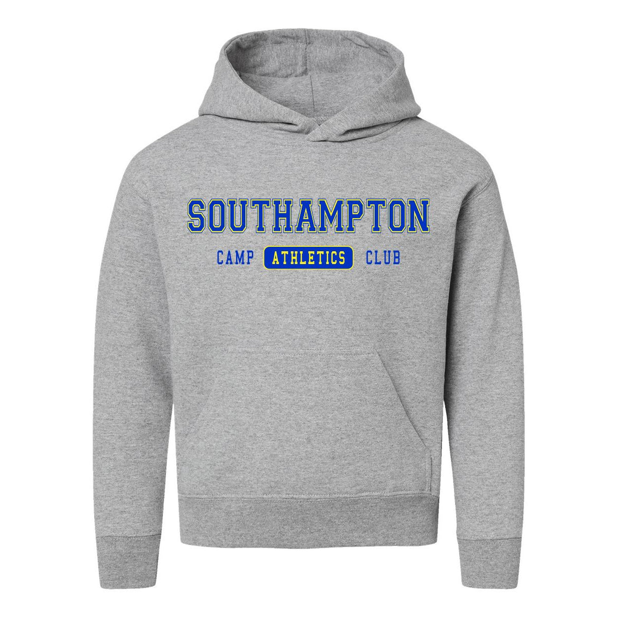 Grey hooded sweatshirt with Southampton Camp Athletics Club text graphic