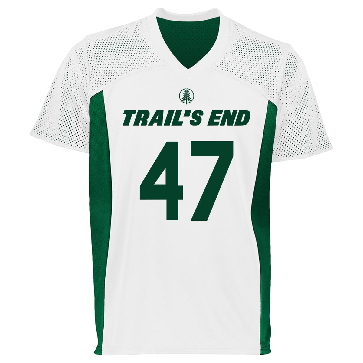 White and green mesh sports jersey with Trails End text and number 47