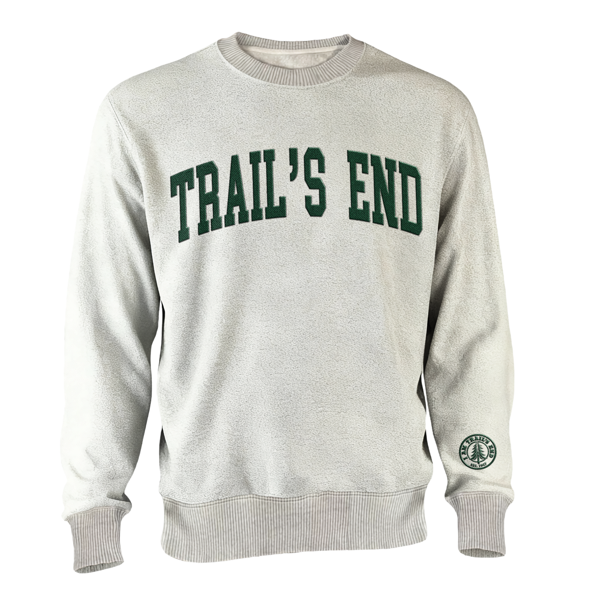 Light grey crewneck sweatshirt with dark green Trails End text on chest and circular logo on left sleeve