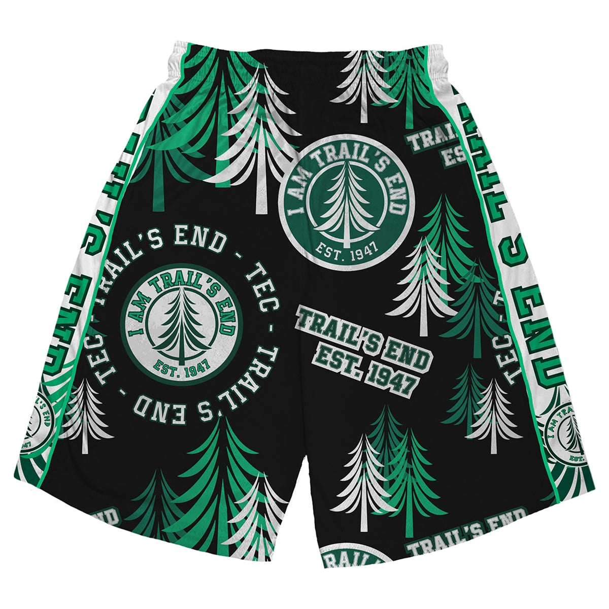 Black athletic shorts with green and white pine tree pattern and Trails End logo text
