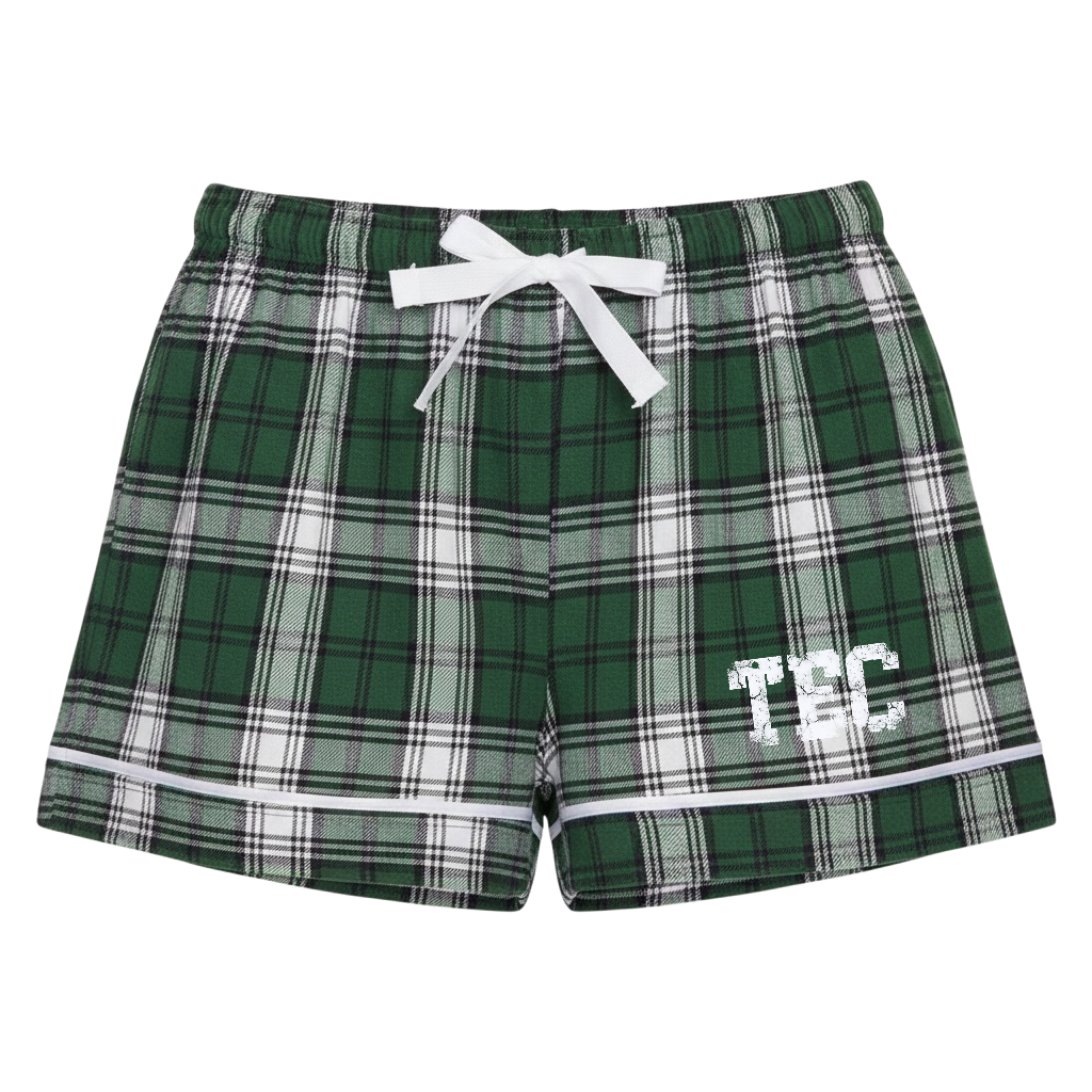Green and white plaid pajama shorts with white drawstring and TEC graphic