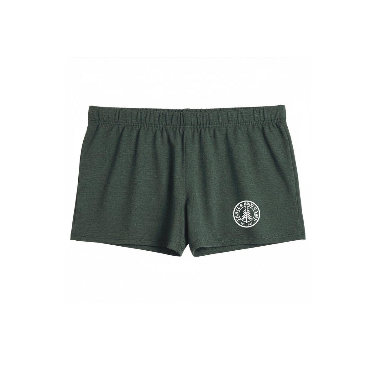 Dark green athletic shorts with Trails End Camp logo on the leg