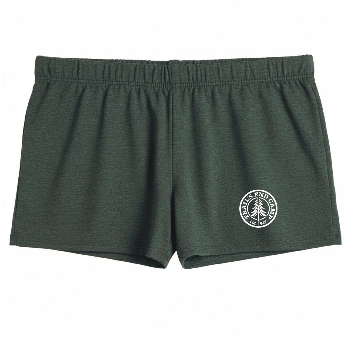 Dark green athletic shorts with Trails End Camp logo on the leg