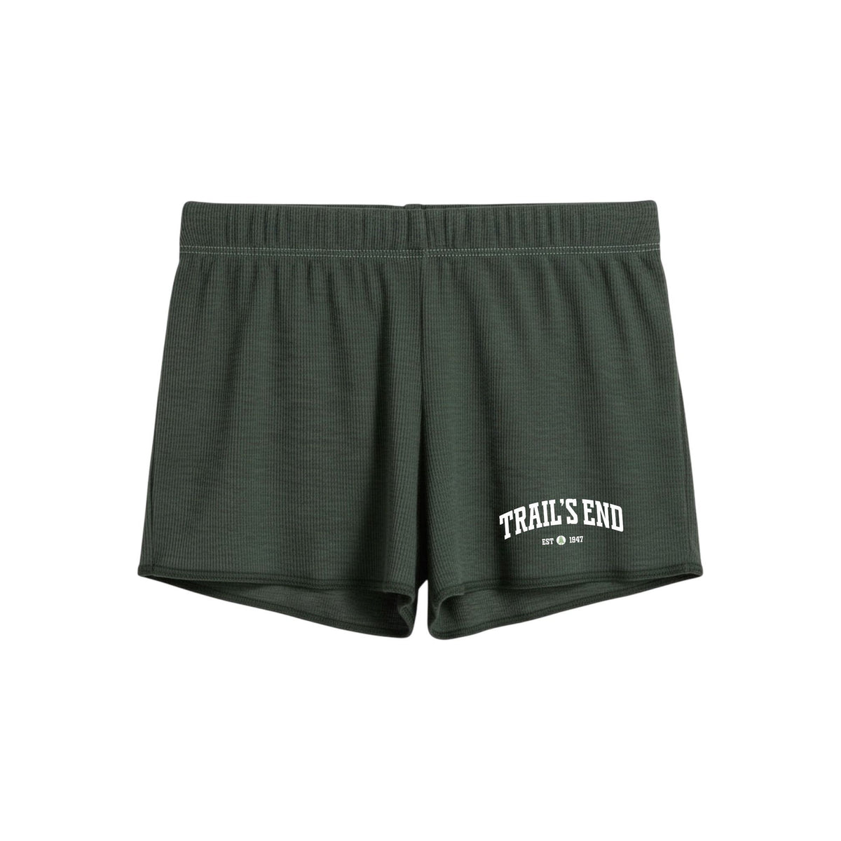 Dark green waffle knit shorts with Trails End Est 1947 graphic on the leg