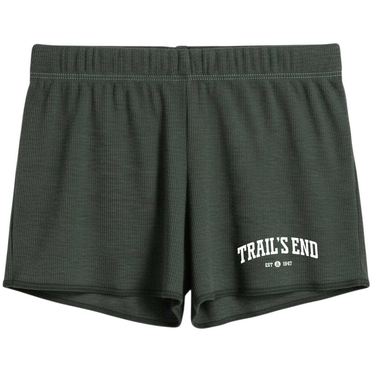Dark green waffle knit shorts with Trails End Est 1947 graphic on the leg