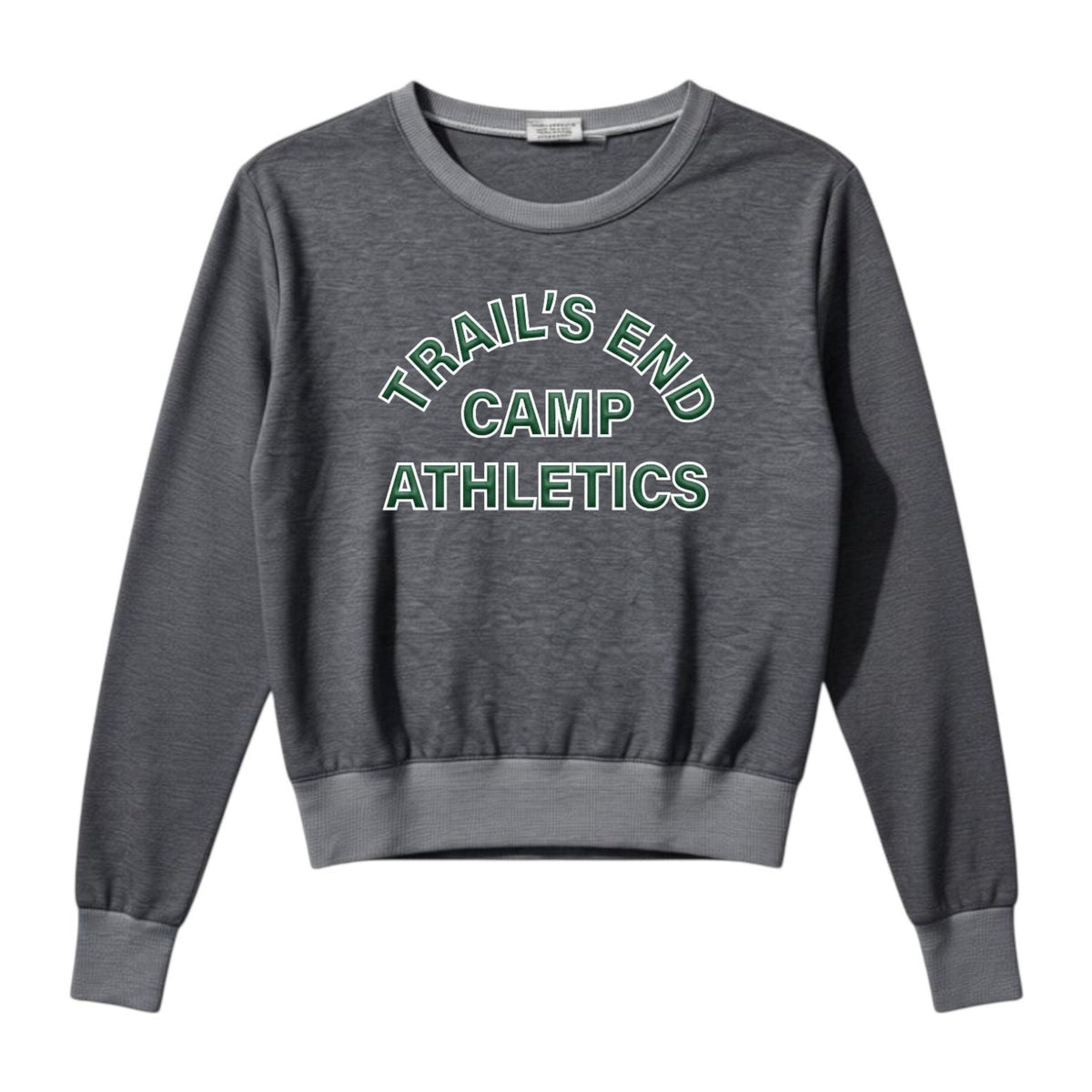 Charcoal grey crewneck sweatshirt with Trails End Camp Athletics text in green and white