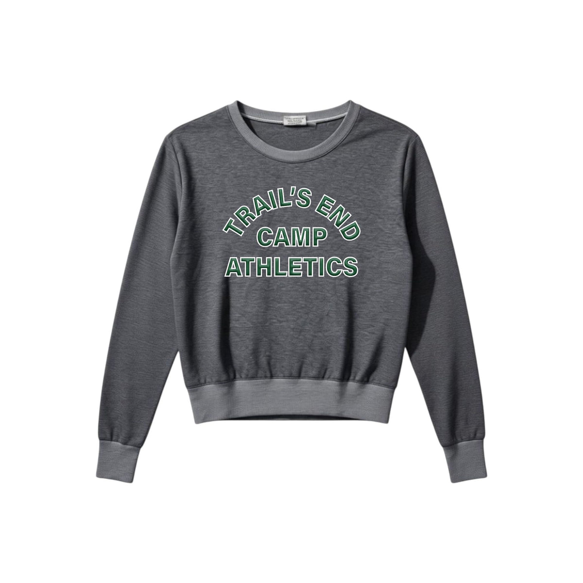 Charcoal grey crewneck sweatshirt with Trails End Camp Athletics text in green and white
