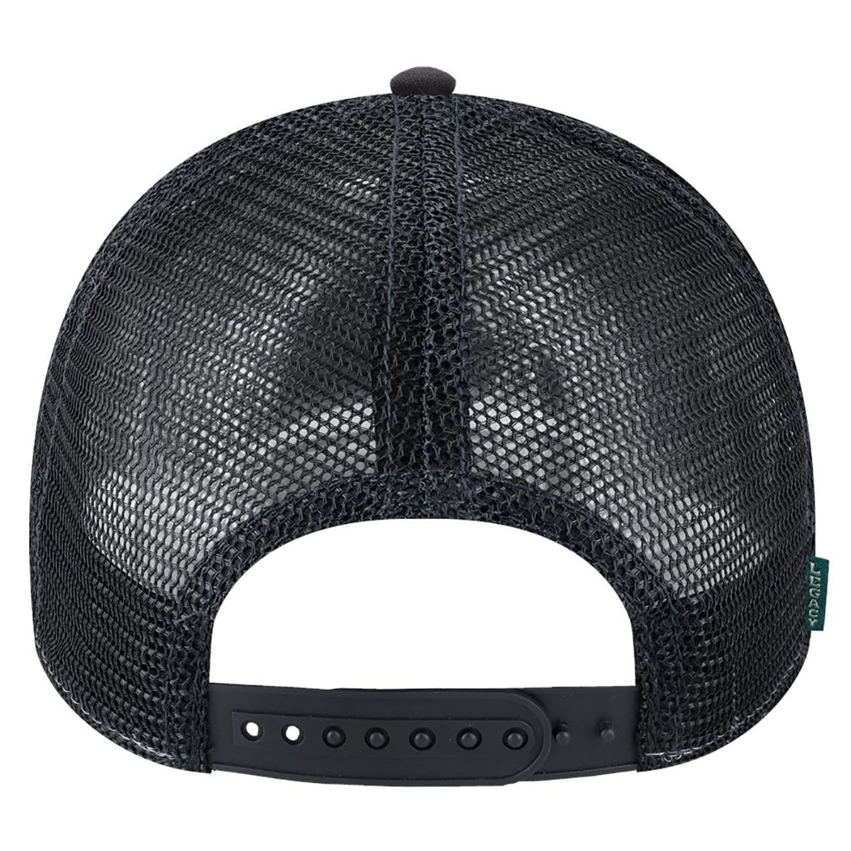 Back view of a black mesh trucker hat with an adjustable snapback closure