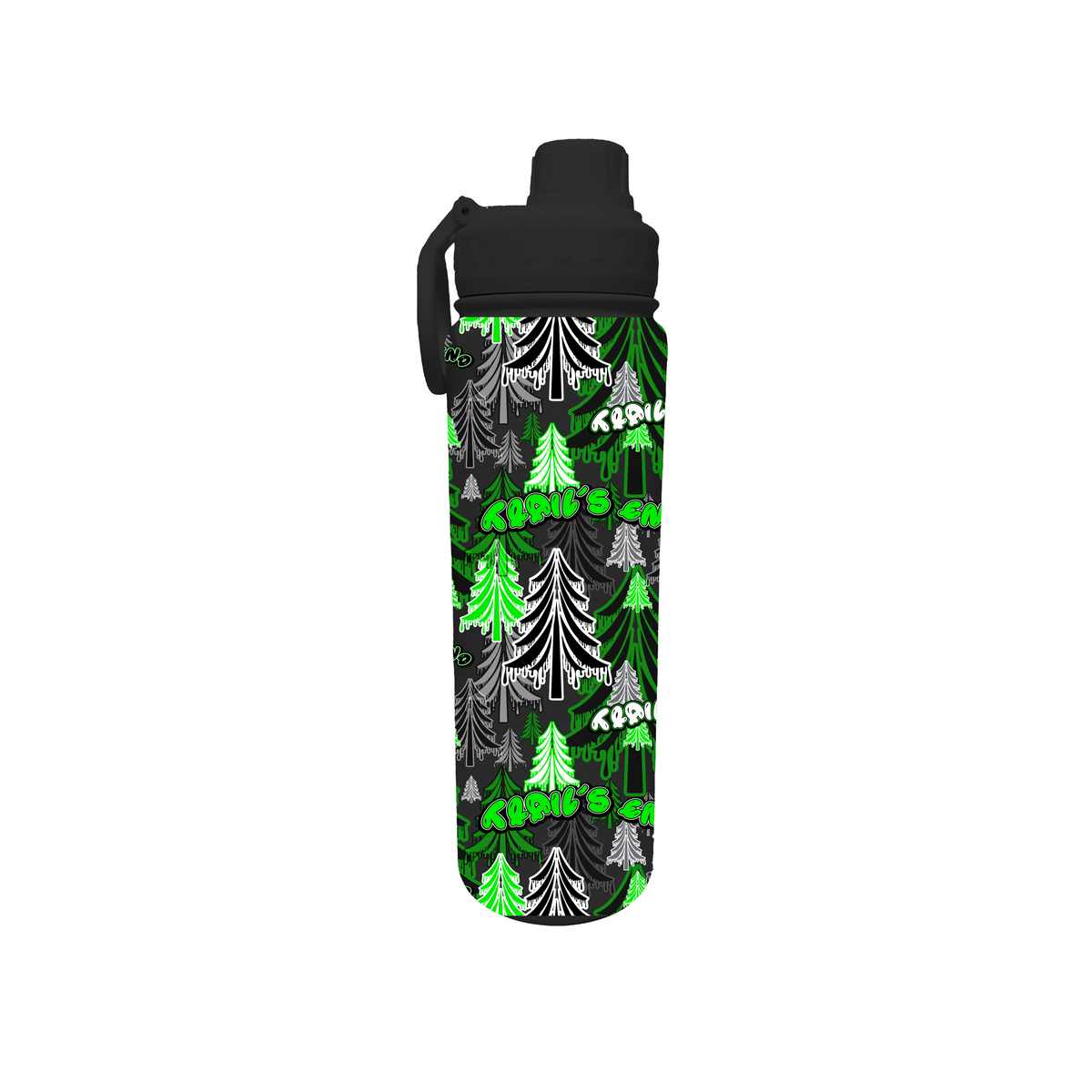 Black water bottle with green and white pine tree pattern and Trails End text