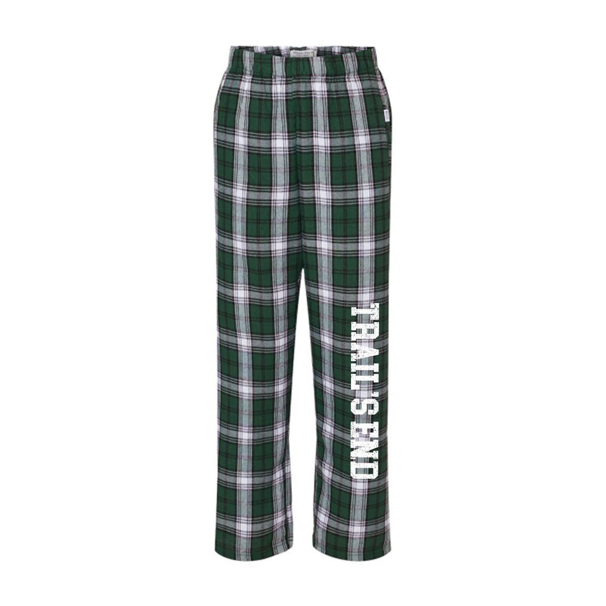Green and white plaid flannel pajama pants with Trails End text on the left leg