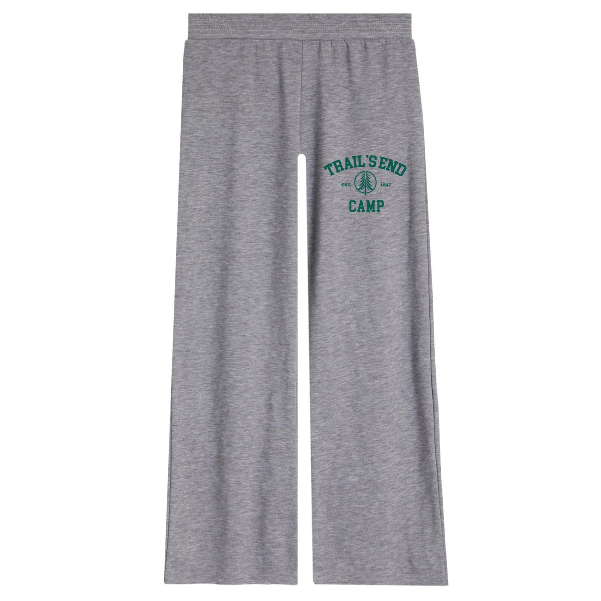 Grey sweatpants with Trails End Camp logo in green