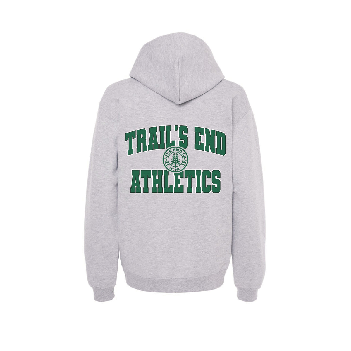 Grey hooded sweatshirt with Trails End Athletics green text and logo on the back