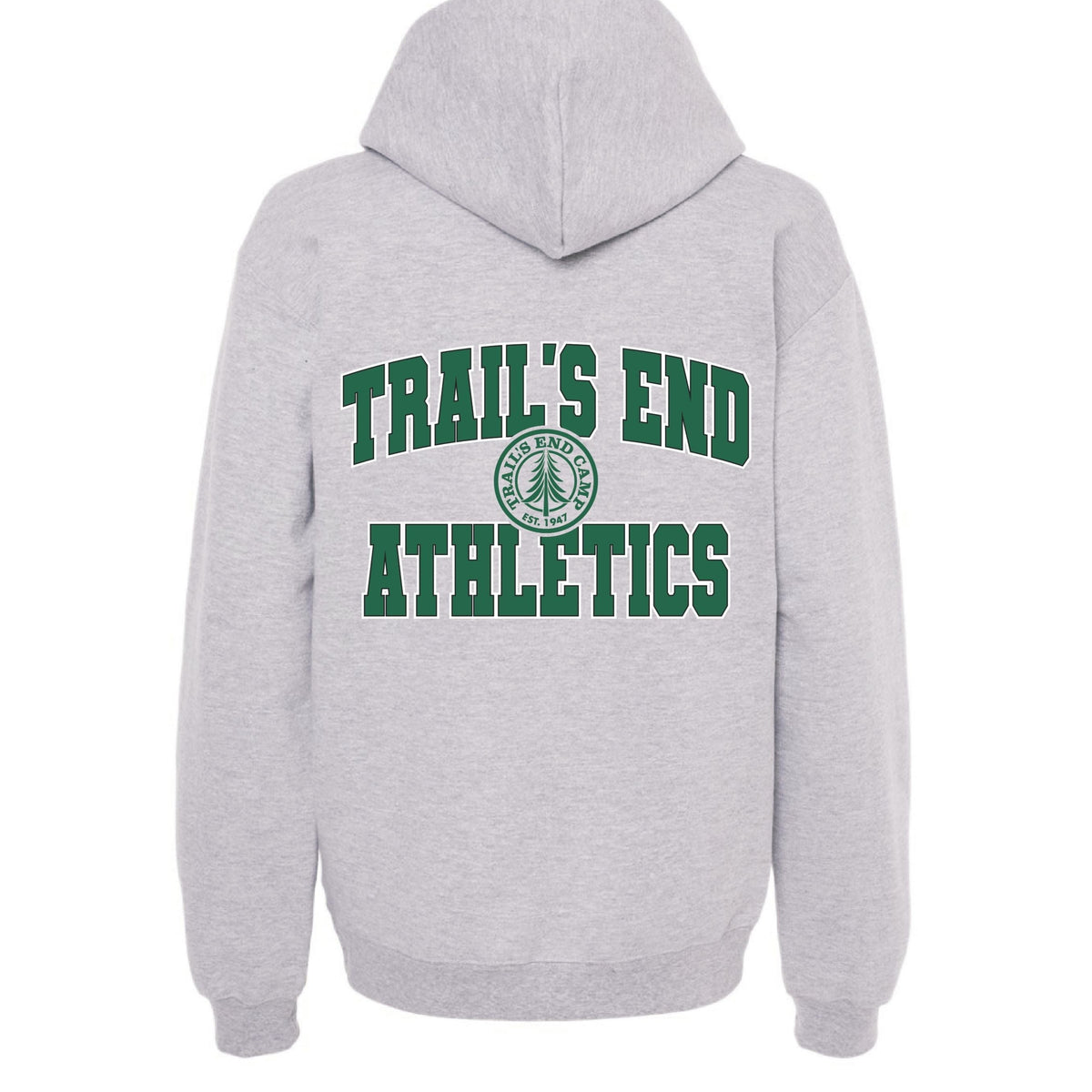 Grey hooded sweatshirt with Trails End Athletics green text and logo on the back