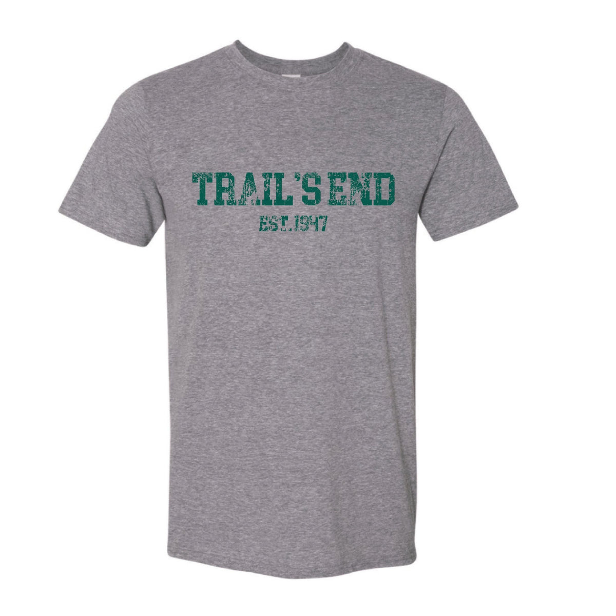 Grey crew neck t-shirt with green distressed text reading Trails End Est 1947