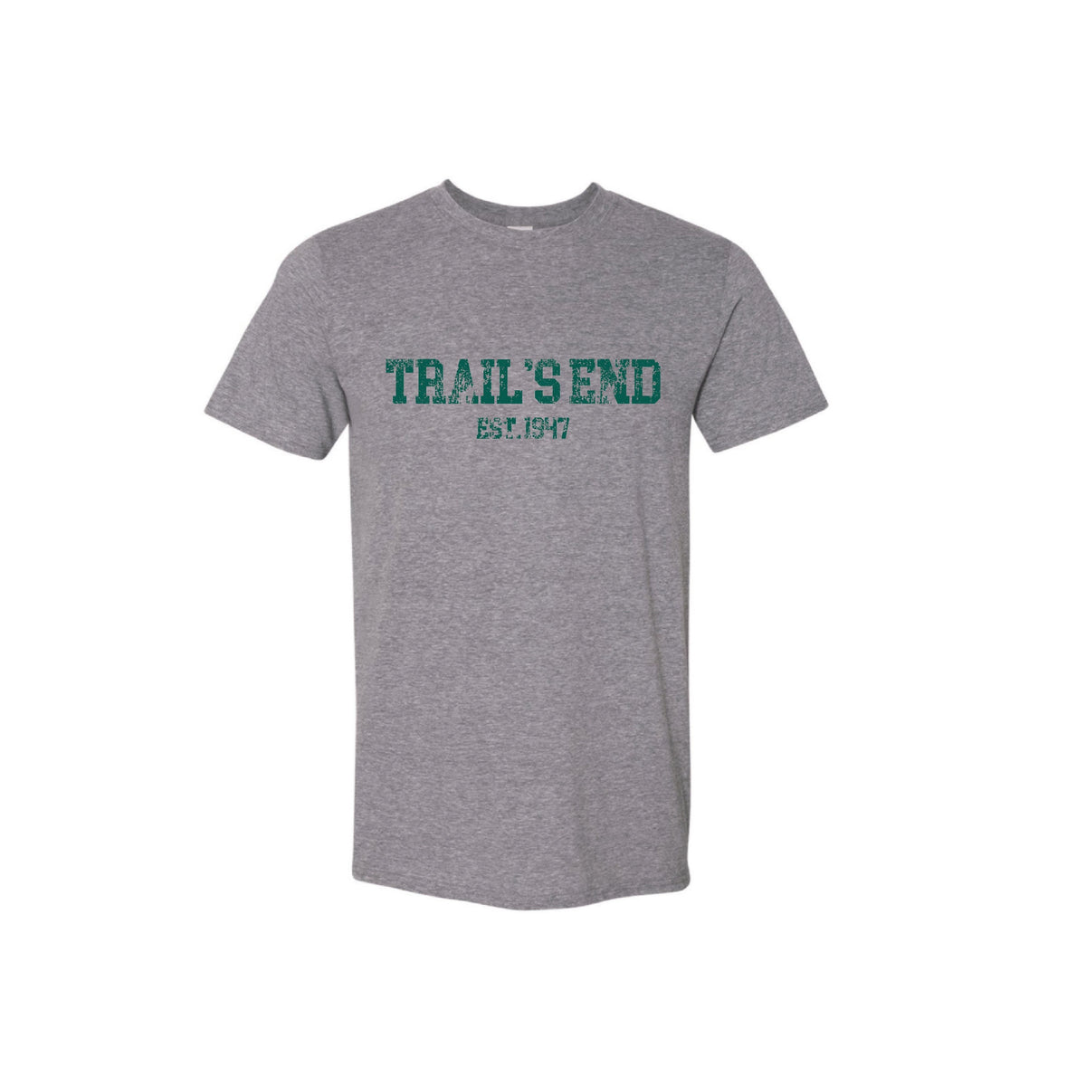 Grey crew neck t-shirt with green distressed text reading Trails End Est 1947