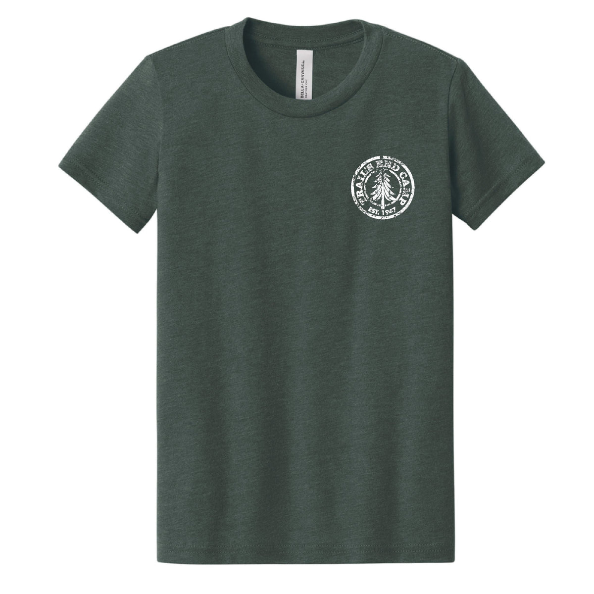 Dark green short sleeve t-shirt with a white circular Trails End Camp logo on the left chest