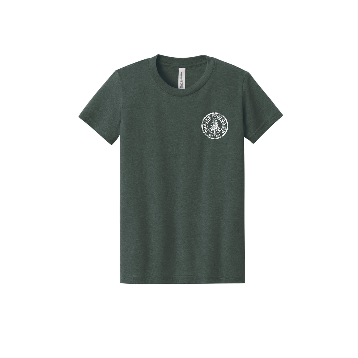 Dark green short sleeve t-shirt with a white circular Trails End Camp logo on the left chest
