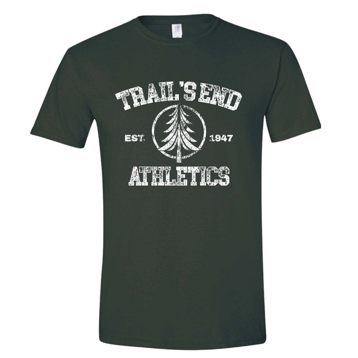 Dark green t-shirt with white distressed graphic reading Trails End Athletics Est 1947 and a pine tree icon
