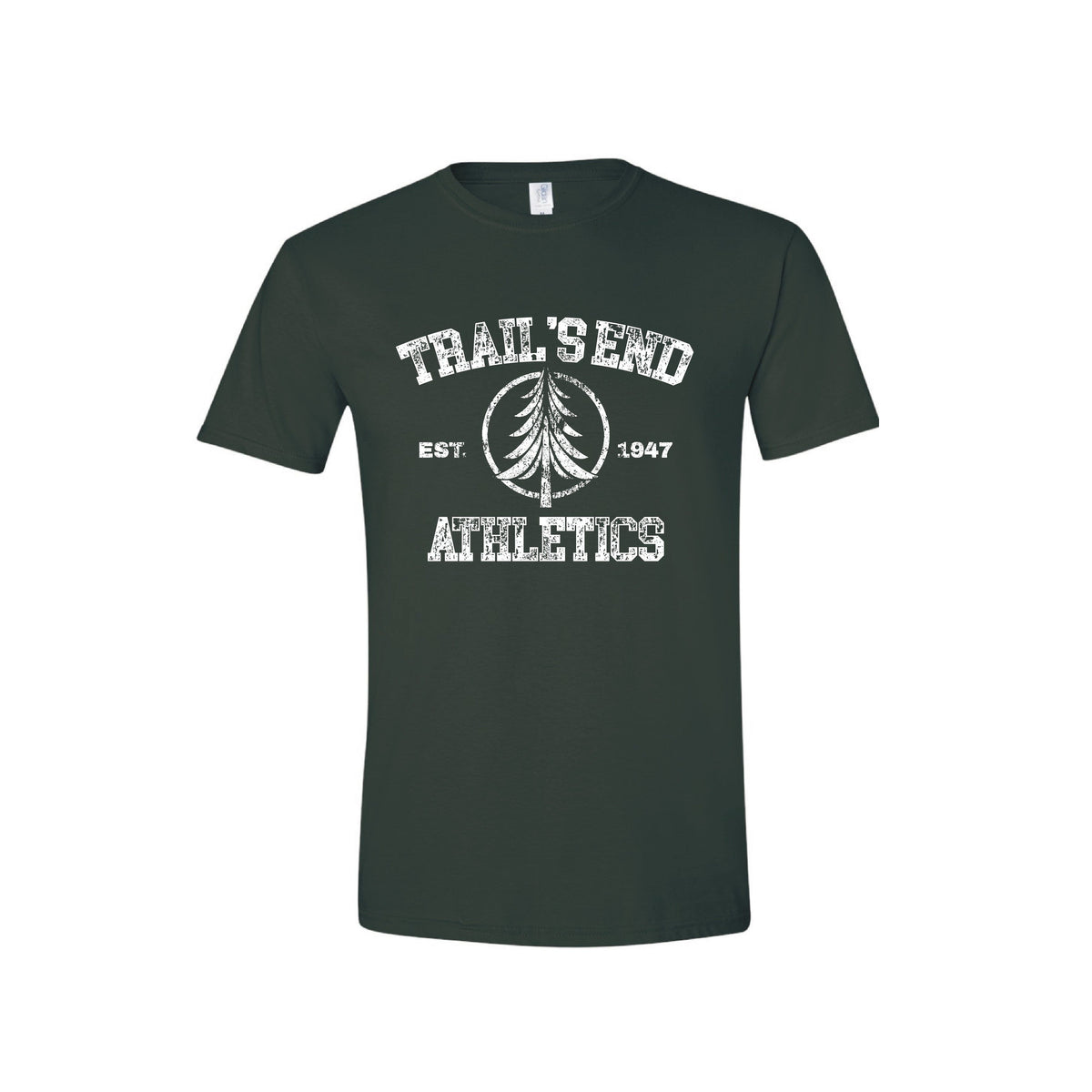 Dark green t-shirt with white distressed graphic reading Trails End Athletics Est 1947 and a pine tree icon