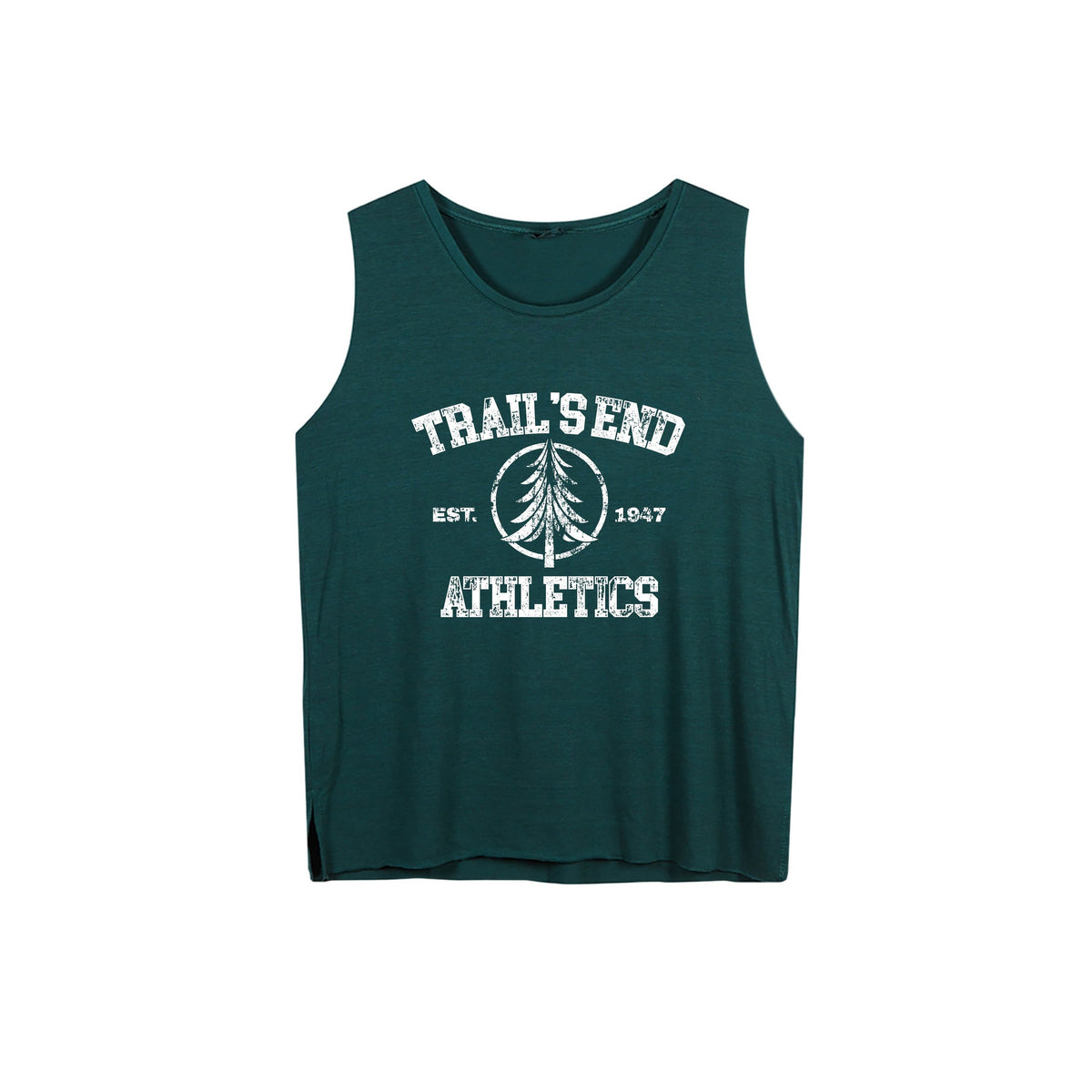 Dark green sleeveless tank top with white Trails End Athletics graphic and pine tree icon