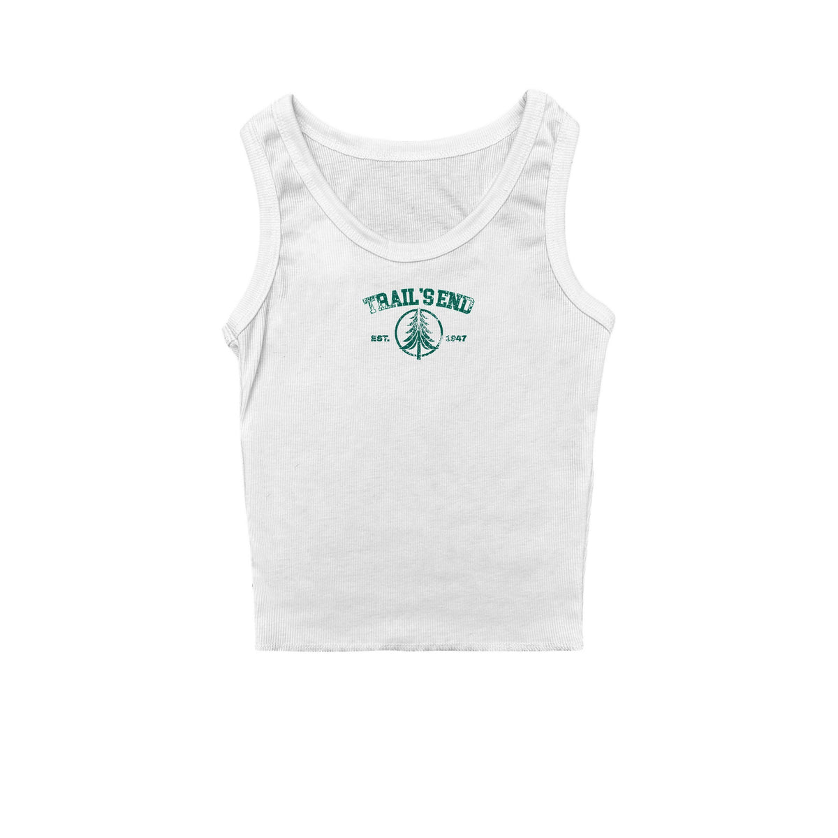 White ribbed tank top with green Trails End graphic featuring a pine tree and text