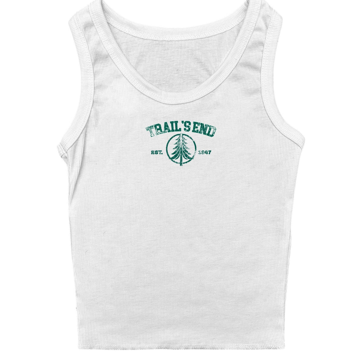 White ribbed tank top with green Trails End graphic featuring a pine tree and text