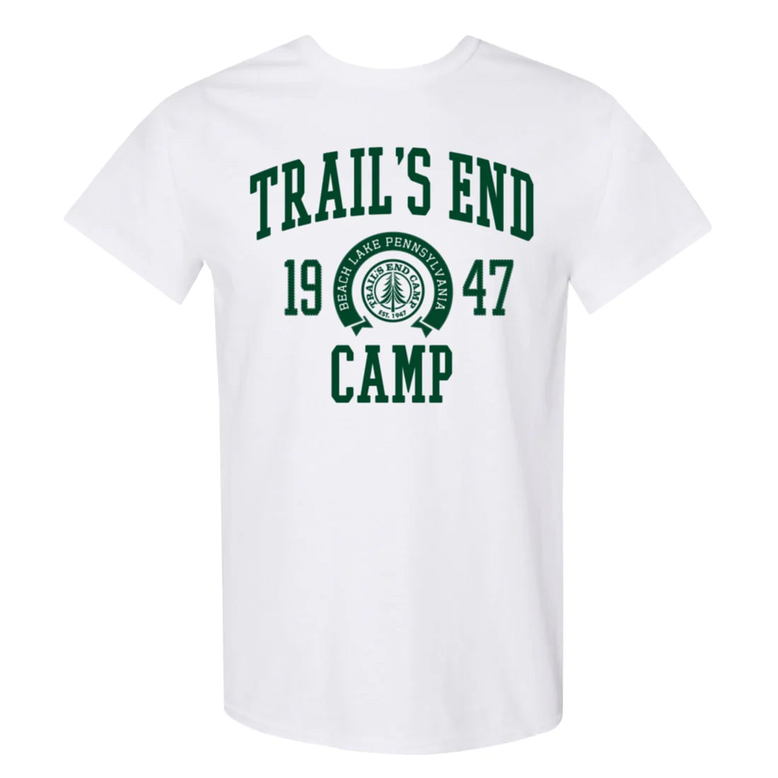 White t-shirt with green Trails End Camp 1947 text and circular logo on back