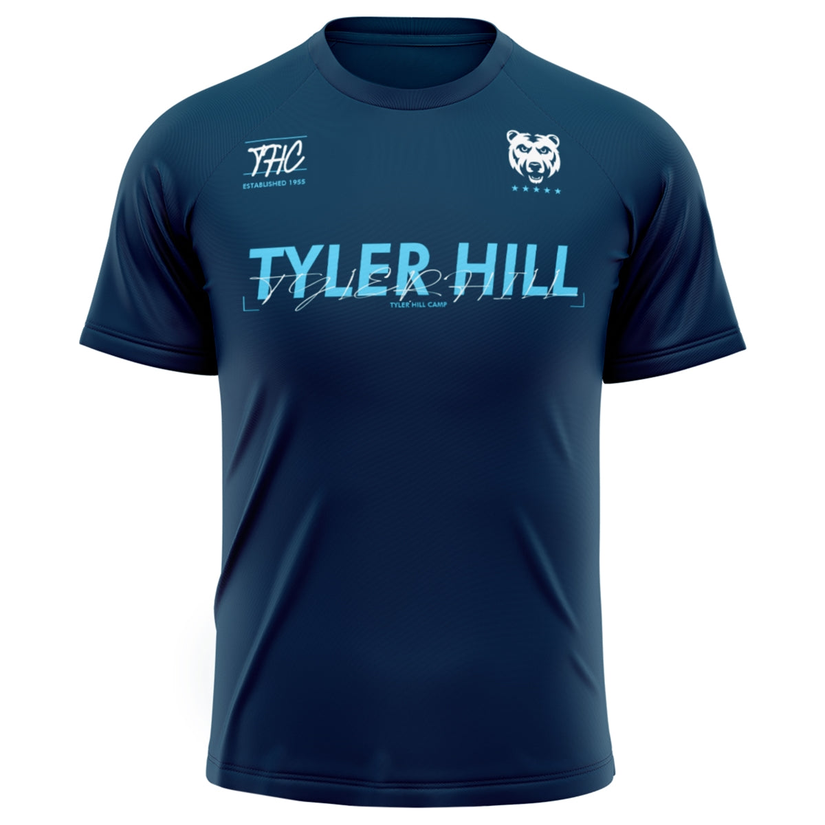 Navy blue short sleeve athletic t-shirt with Tyler Hill Camp branding and bear logo