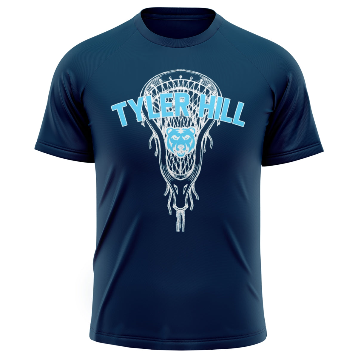 Navy blue short sleeve athletic shirt with Tyler Hill text and lacrosse stick bear logo graphic