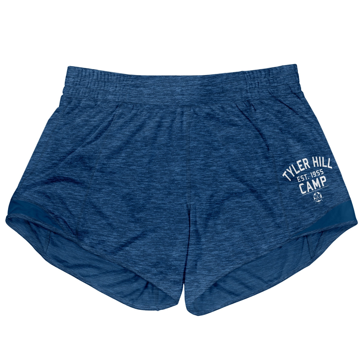 Blue heather athletic shorts with Tyler Hill Camp logo